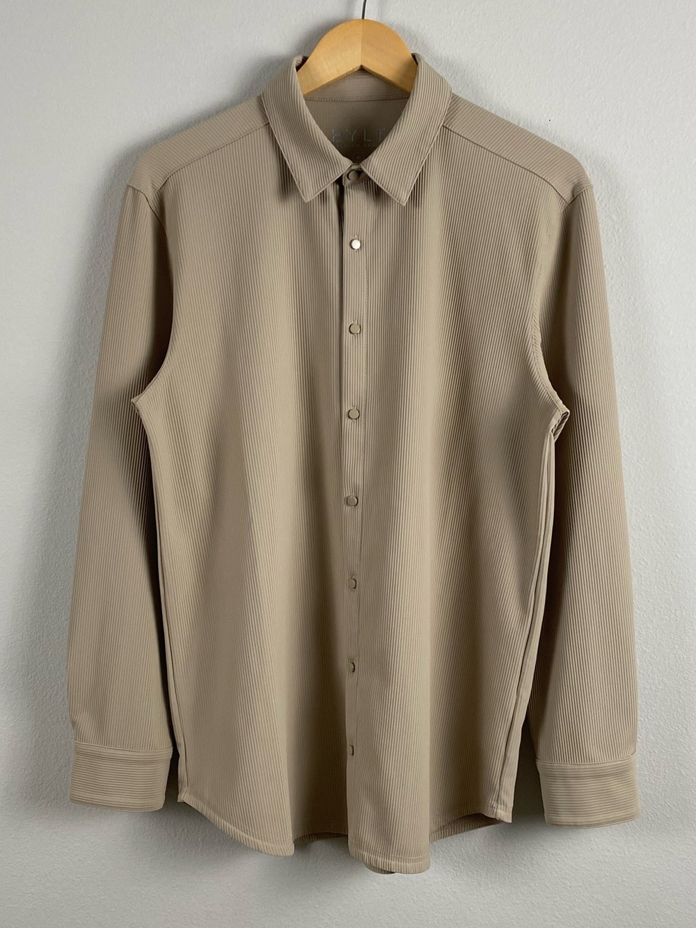 BYLT Premium Basics Ribbed+ Long Sleeve Button Down Shirt | Latte